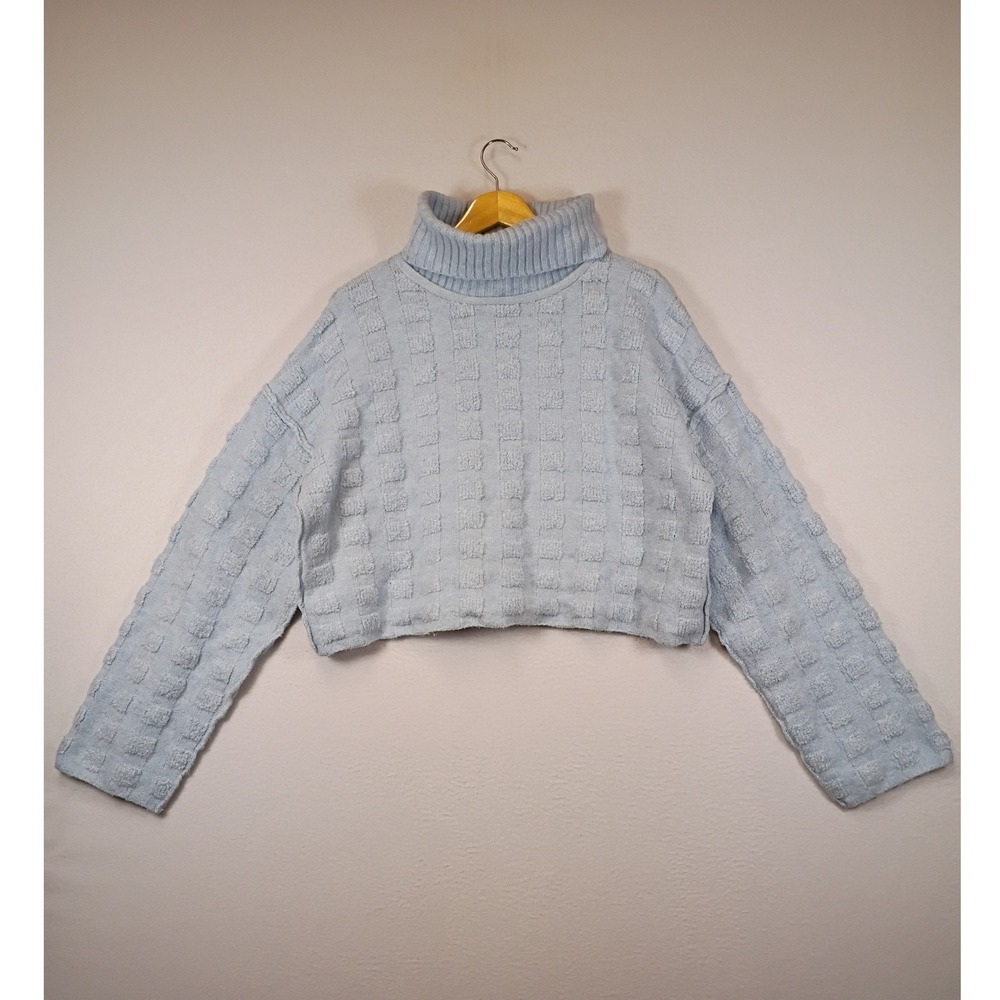 Softgirl Forever 21 Womens Large Blue Textured Grid Cropped Turtleneck Sweater